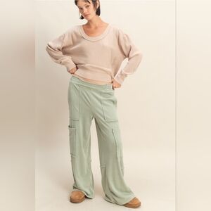 CloudDweller Sage Mineral Washed Cotton Cozy Butter Soft Wide Leg Cargo